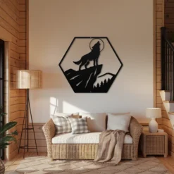 Steel howling wolf moon wall art display lounge room
