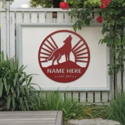 Wolf established metal sign fence art