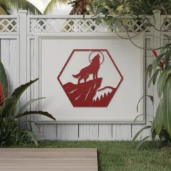 wolf howling at moon exterior metal decor