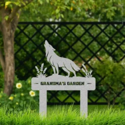 wolf metal yard sign with personalized name