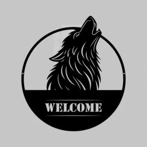 Circle-framed wolf welcome metal sign entryway outdoor