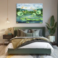 30x40 Canvas Calming Blue Pond Art with Gold Dragonflies and Green Lily Pads Bedroom Wall Decor