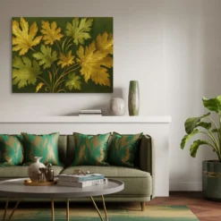 30x40 Canvas Gold Leaves on Sage Green Wall Art Modern Living Room