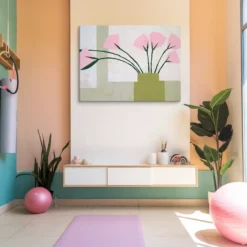 30x40 Canvas Minimalist Pink Green Abstract Flower Wall Art Yoga Room