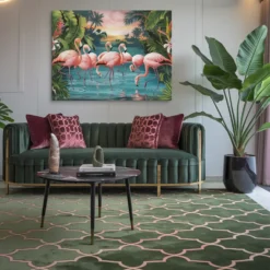 30x40 Canvas Pink Flamingos Lush Green Foliage Wall Art Luxurious Living Room