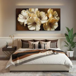 30x60 Canvas Gold Brown Floral Horizontal Wall Art Cozy Bedroom