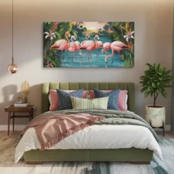 30x60 Tropical Sunset Canvas Art Master Bedroom Green, Pink and Blue Wall Decor