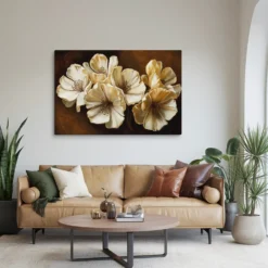 32x48 Canvas Gold Brown Floral Art Luxurious Minimalist Living Room Wall Decor