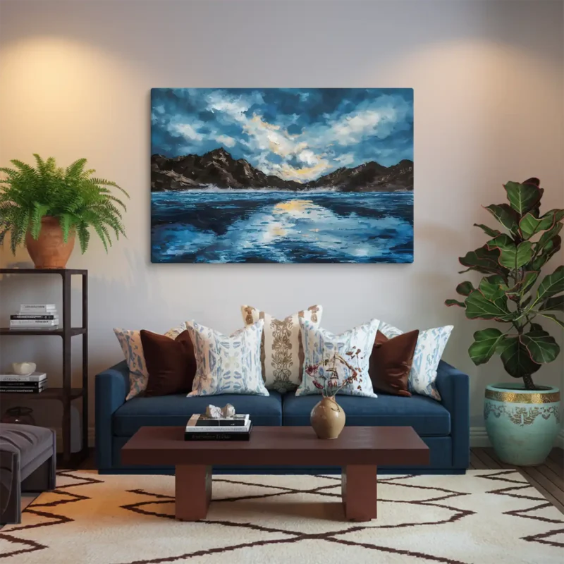 32x48 Canvas Mountain Lake Sunset Wall Art Modern Living Room Blue and Golden Brown