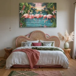 32x48 Canvas Pink Flamingos and Green Foliage Wall Art Cozy Farmhouse Bedroom