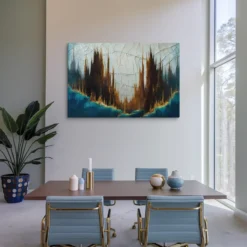 32x48 Canvas Surreal Spires Abstract Wall Art -Minimalist Modern Office Blue Gold Brown