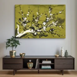 40x60 Canvas Zen Cherry Blossom Canvas Art – Green Black White Massive Wall Decor