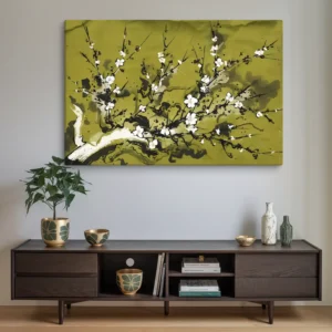 40x60 Canvas Zen Cherry Blossom Canvas Art – Green Black White Massive Wall Decor
