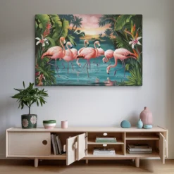 40x60 Huge Canvas Pink Flamingos and Lush Green Foliage Tropical Wall Art