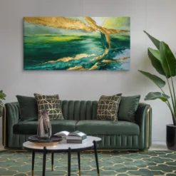 Abstract Emerald Green and Gold 30x60 Canvas Wall Art Modern Living Room