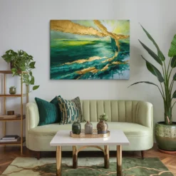 Abstract Emerald Green and Gold Canvas Wall Art Small Minimalist Living Room