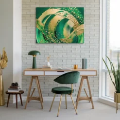 Abstract Green-Gold Swirl Canvas Art Home Office