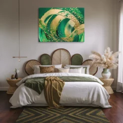 Abstract Green-Gold Swirl Canvas Wall Art Cozy Master Bedroom