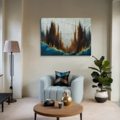 Big Blue Gold Brown Surreal Spires Abstract Canvas Wall Art Lounge room