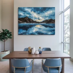 Blue Golden Brown Mountain Lake Sunset Canvas Wall Art Office Decor