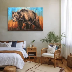 Brown Bear Canvas Wall Art Blue Orange Rustic Farmhouse Bedroom Decor