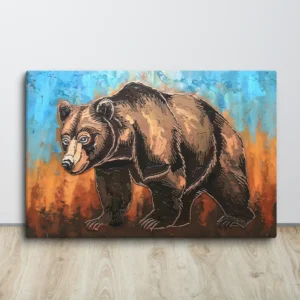 Brown Bear Canvas Wall Art Large Blue Orange Abstract Wildlife Decor