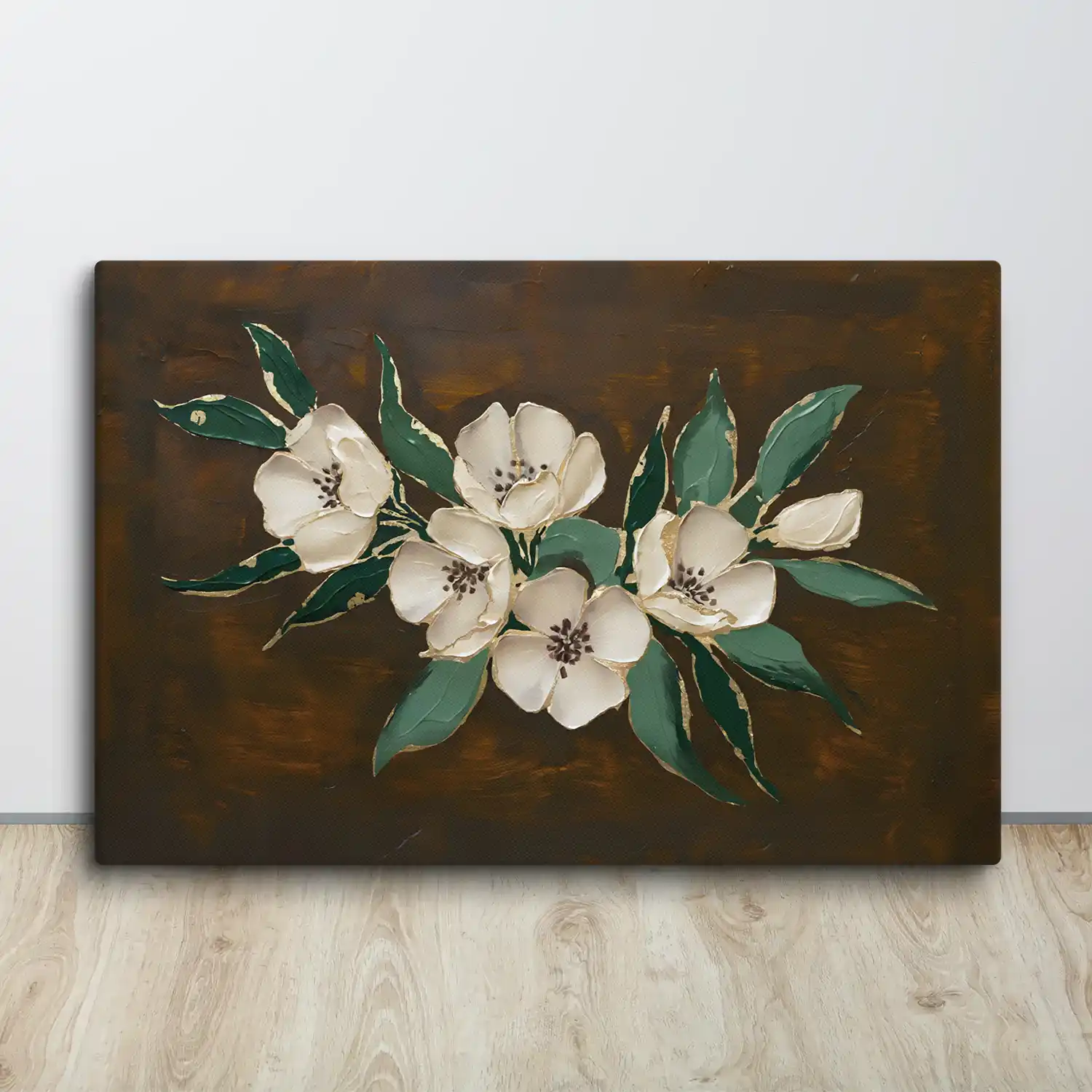 Brown, Emerald Green & Gold Botanical Canvas Wall Art Vintage Floral Decor