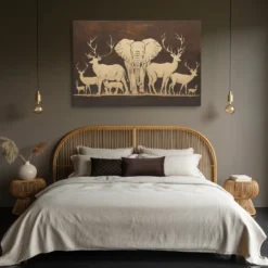 Brown and gold wildlife bedroom canvas wall hanging