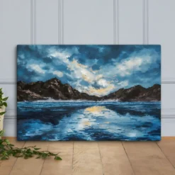 Calm Mountain Lake Sunset Wall Art Canvas Blue and Golden Brown Large Painting
