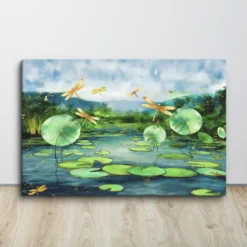 Calming Blue Pond Canvas Wall Art with Golden Dragonflies and Green Lily Pads
