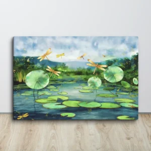 Calming Blue Pond Canvas Wall Art with Golden Dragonflies and Green Lily Pads