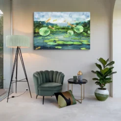 Calming Canvas Wall Art Blue Pond Golden Dragonflies Green Lily Pads Lounge Room