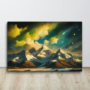Cosmic Mountain Range Canvas Wall Art: Large Teal, Gold, Amber and Green Fantasy Wall Decor