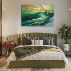Emerald Horizon Abstract Green and Gold Canvas Cozy Bedroom Wall Decor