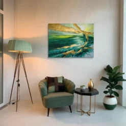 Emerald Horizon – Abstract Green and Gold Canvas Wall Hanging Lounge Room