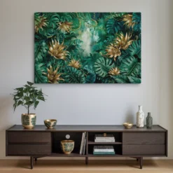 Extra Large Tropical Leaves Canvas Wall Art Gold Green Canopy