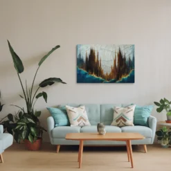Gold Blue Surreal Spires Abstract Wall Art Minimalist Living Room