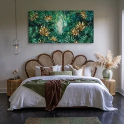 30x60 Horizontal Canvas Gold Green Tropical Leaves Wall Art Master Bedroom