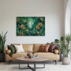 Gold and Green Forest Canopy – Tropical Canvas Wall Art Minimalist Contemporary Living Room