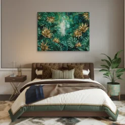 Gold and Green Tropical Leaves Canvas Wall Art Cozy Bedroom
