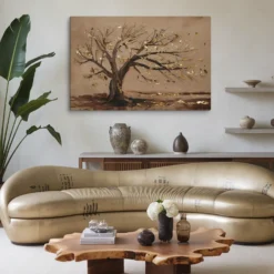 Gold brown autumn tree large horizontal canvas wall art contemporary sitting room