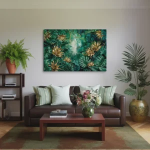 Golden Canopy – Tropical Green and Gold Canvas Wall Art Modern Living Room
