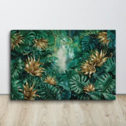 Golden Canopy –Tropical Lush Green-Gold Leaf Canvas Wall Art XXL