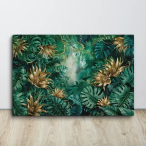 Golden Canopy –Tropical Lush Green-Gold Leaf Canvas Wall Art XXL