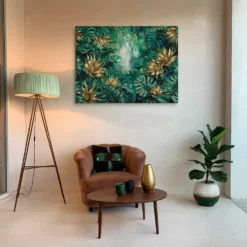Golden and Green Tropical Leaves 30x40 Lounge Canvas Wall Art Large