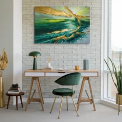 Home Office Decor Green Gold Abstract Canvas Wall Hanging