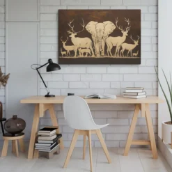 Home office safari animals brown gold canvas wall art