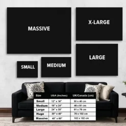 Horizontal canvas wall size guide chart: Small, medium, large, huge to extra large