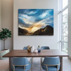 Large Blue Brown Orange Landscape Canvas Wall Art Minimalist Office Decor