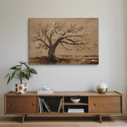Large Brown Gold Autumn Tree horizontal Canvas Wall Art Minimalistic Landscape Decor